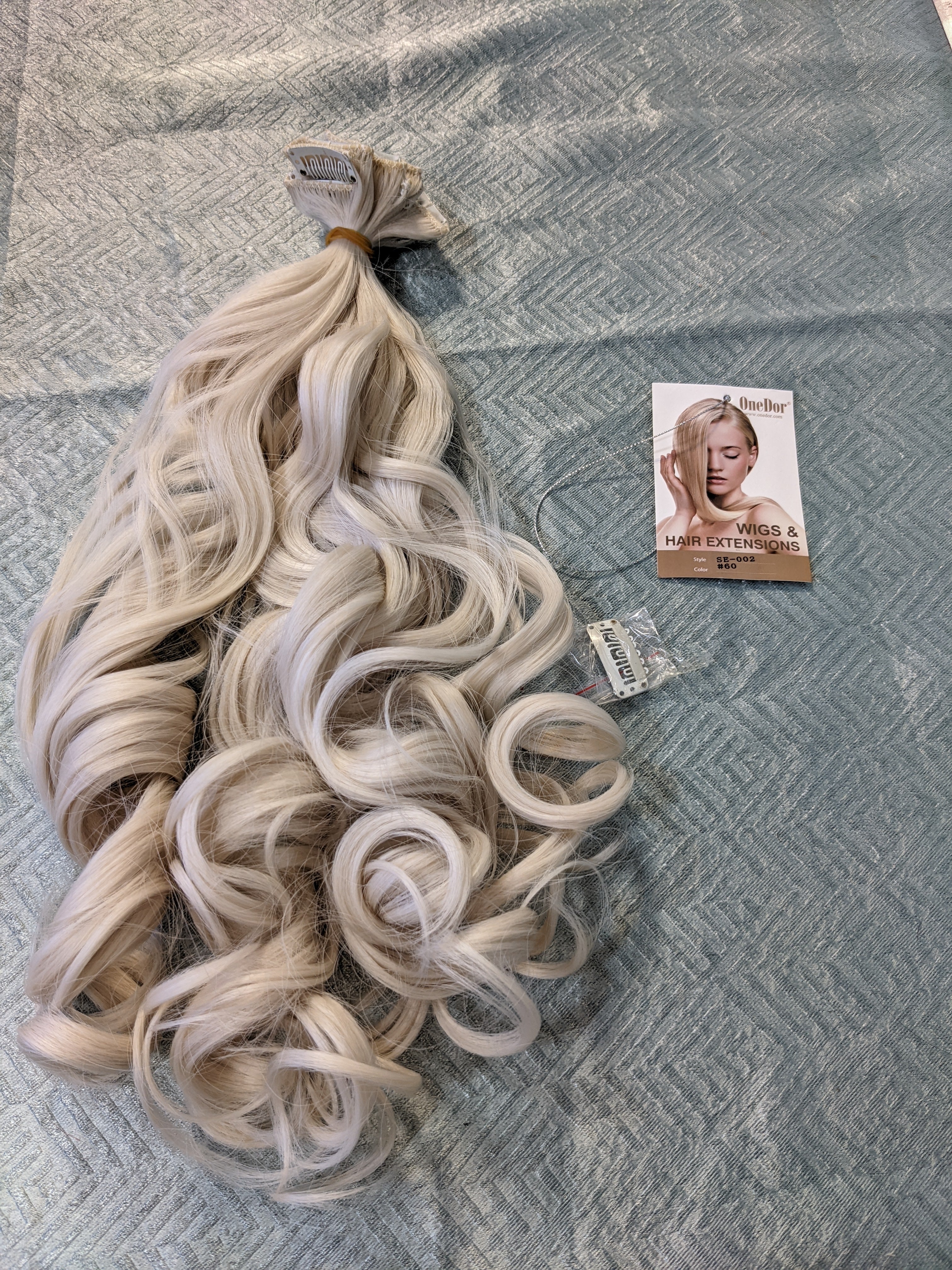 One Dor Platinum Blonde 20" CUrly Clip In Extension Synthetic (7510384279790)
